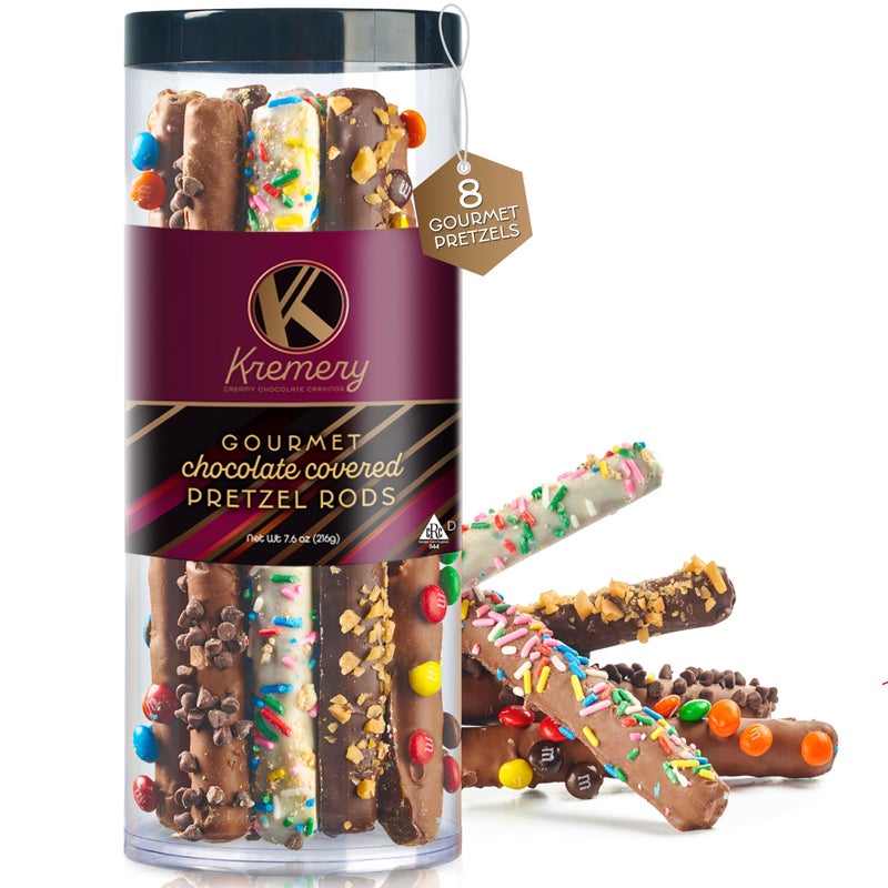 Nut Cravings KREMERY Creamy Chocolate Cravings - Halloween Treats For Adults Chocolate Covered Pretzel Rods Gift Basket, in Clear Tube (8 Pretzels, Assorted Sweet Toppings) Holiday Xmas Christmas Food Arrangement - Image 1